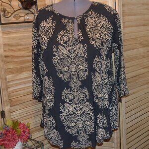 Lucky Brand 3X Black/Tan Scoop Neck Floral Peasant Top